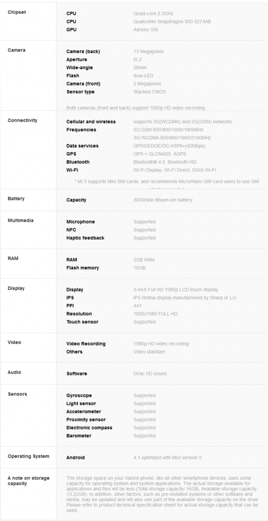 Mi 3 Specifications