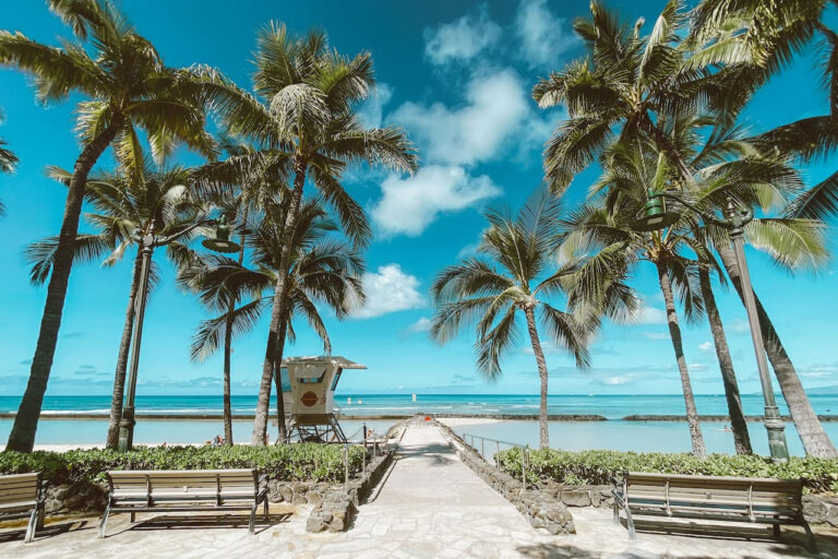 Image of a beach with white sand and crystal clear water. Palm trees are swaying in the breeze.